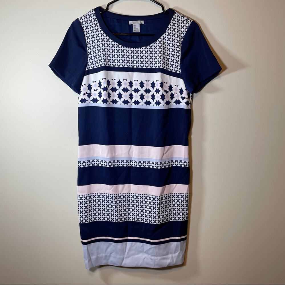 H&M Navy‎ Blue & White Geometric Stripe Dress Size 6